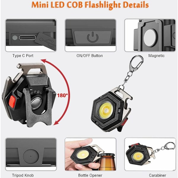 Mini-LED-ficklampa med flasköppnare och magnetisk bas 500 mAh Super Bright Portable för reparation, nödsituation, hundpromenader och utomhus Ca