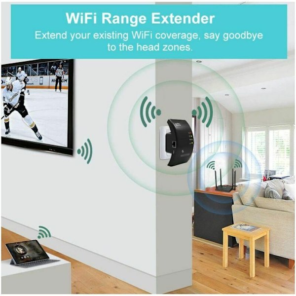 WiFi-förstärkare, Kraftfull WiFi-förstärkare, WiFi-utvidgare N300, WiFi-signalförstärkare, 1 Ethernet-port, Täcker upp till 200㎡, Enkel att installera, Kompatibel med