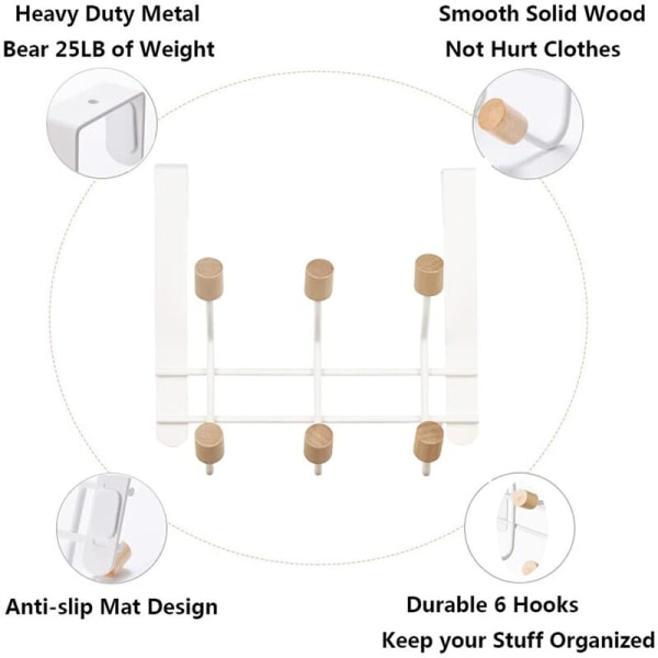 Dørhængere, kroge til soveværelser/badeværelse, kraftige metal over dørkroge til frakke, hat, håndklæde, bælte (6 kroge)