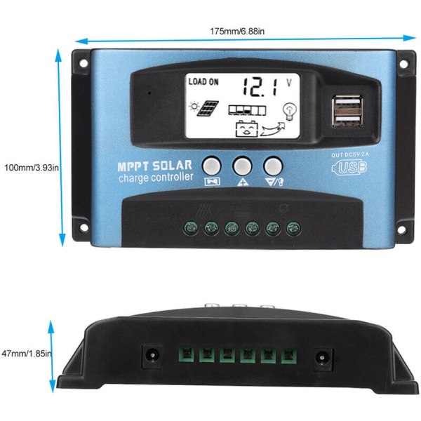 100A MPPT Solar Charge Controller, 12V 24V USB Solar Panel Regulator Controller Intelligent batteriregulator med LCD-skjerm