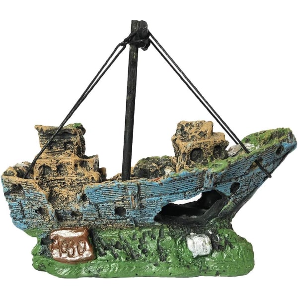 Harpiksbåtdekorasjon for akvarium - Sunken Ship Wreck-dekorasjon - Akvariumdekorasjon for fersk- og saltvannsakvarier