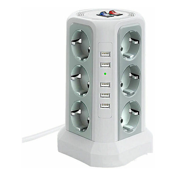 Virtapistorasia ylijännitesuojalla, sähkövirtapistorasia 5 USB-portilla ja 12 pistorasialla, virtapistorasia 3 kytkimellä, valkoinen
