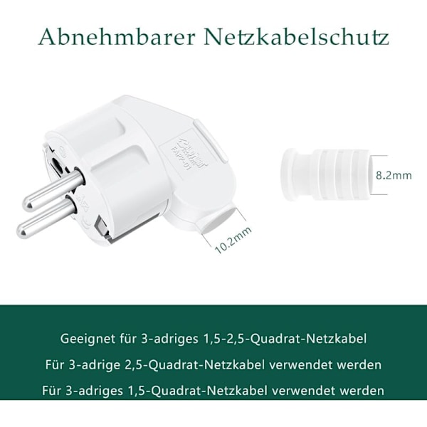 Schuko-plugger, 3 stk Hvite Hannstikkontakter, JEXPOWER Elektriske Jordkontaktplugger, Strømforsyning Vinklet Plugg 250V 16A -