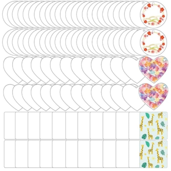 100 stk. serie akryl blanke nøkkelringer dekorasjon håndverk runde hjerteformede akryl blanke nøkkelringer for DIY nøkkelringer og merker