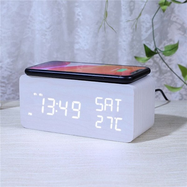 Snooze Digital Väckarklocka Temperatur och Luftfuktighet LED Elektronisk Klocka Smartphone 10W Laddare (Träfärg)