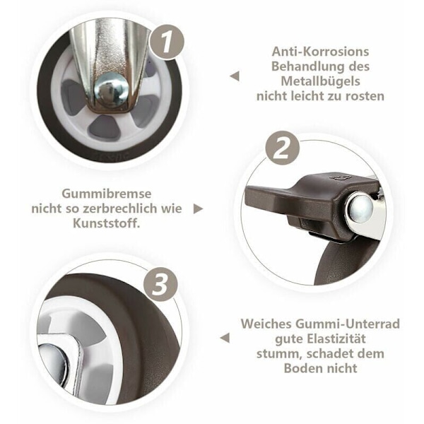 Svingbare Hjul af Gummi i Hårdt Materiale med M8 Gevindstang til Håndvogn, Arbejdsborde, Møbler, 1,5 tommer, Gevinddiameter: 8 mm, længde 20 mm, 2 stk.