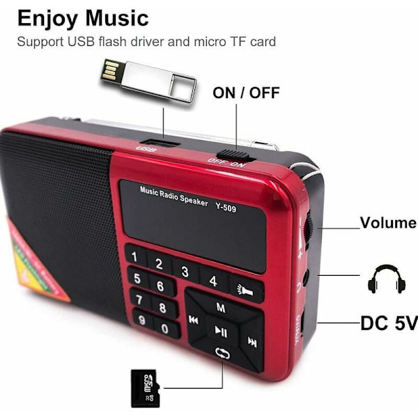 Mini Kannettava FM-Radio USB Micro-SD Ja Sisäänrakennettu MP3-Soitin, LED-Taskulamppu, Ladattava 1500 mAh (Punainen)