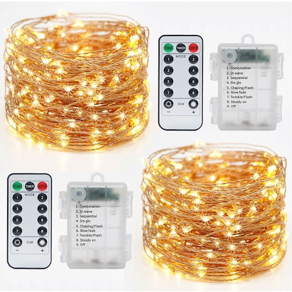[Sæt af 2] Batteridrevet Lysstreng, 10M 100LED Batteridrevet LED Lysstreng med Fjernbetjening 8 Tilstande Timerfunktion IP65 Vandafvisende Lig