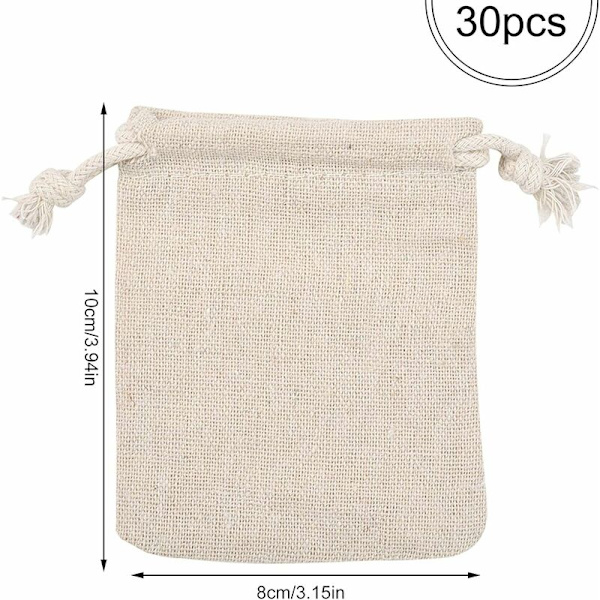 Små Bomuldsposer, 30 Styk Juteposer Gavepose med Snøre til Opbevaring af Ringe Halskæder Slik Krydderier (30 STK, 8 x 10cm)