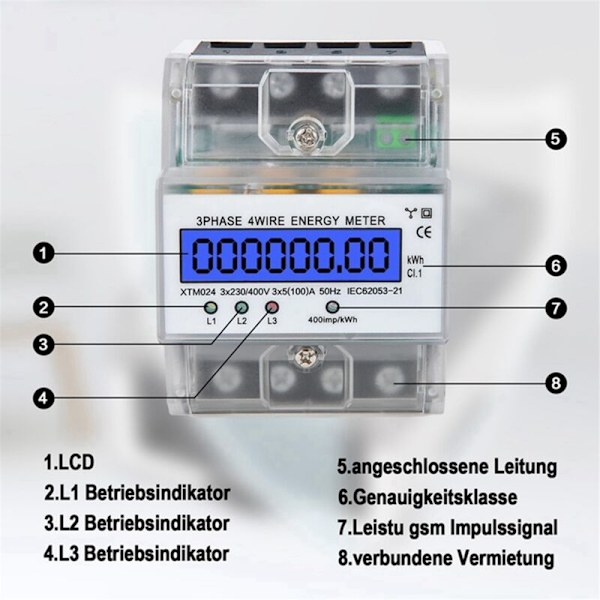 DTM024 Trefas Energimätare, LCD Digital Display, Energi, Elektrisk Kilowattimme, 220/380V, 5-100A