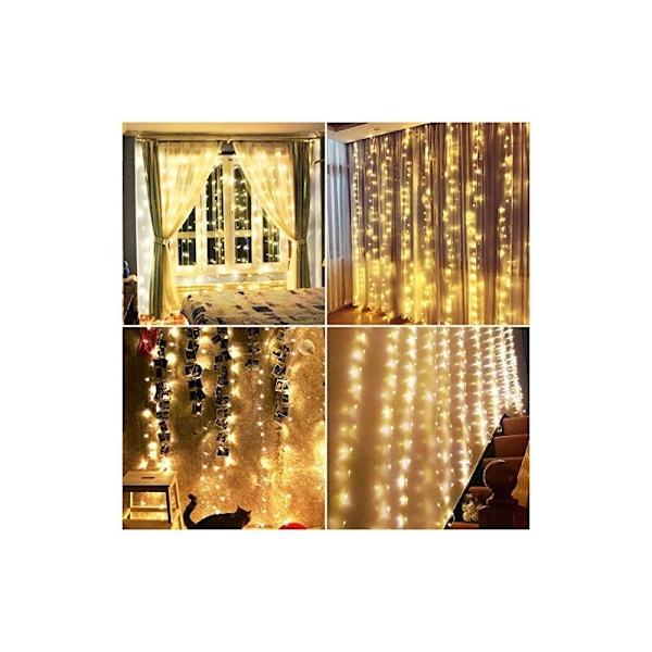 Gardiner Ljus 3 × 3M 300 LED 8 Belysningslägen, USB Fjärrkontroll Gardiner Ljus Fönsterdekoration, Inomhus för Jul, Bröllop, Hem, Patio-Varm
