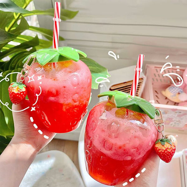 17 Oz Jordbærformet Kawaii Kop med Sugerør til Boba Tea, PP Søde Kopper med Låg og Sugerør, Kawaii Tekopflaske, Søde Drikkekopper Flaske til Gi