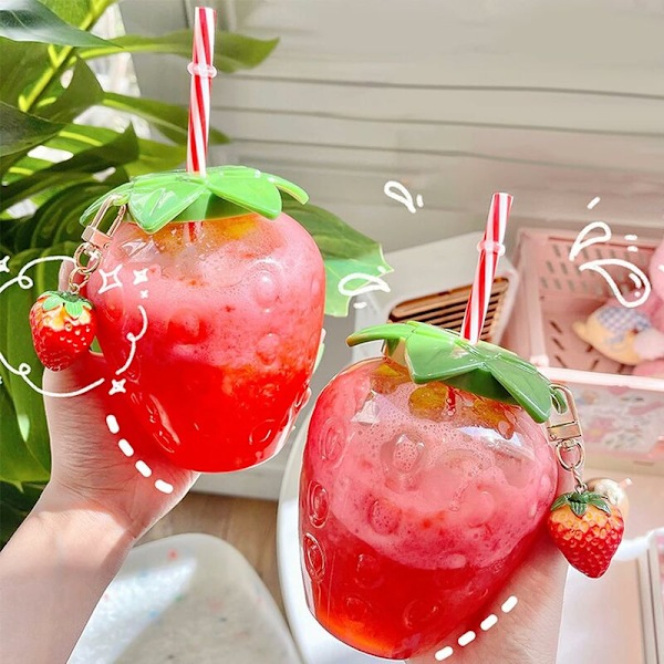 17 Oz Kawaii Jordgubbsformad Mugg med Sugrör för Boba Tea, PP Söta Muggar med Lock och Sugrör, Kawaii Tekoppflaska, Söta Dricksglasflaska för Gi