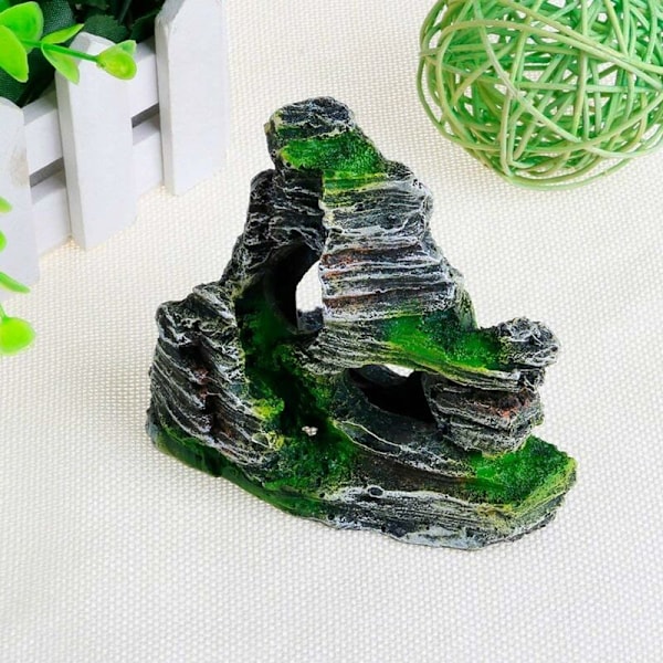 2 stk Akvarium Ornament Utsikt over Rocky Cave Form med Grønt Gress for å Gjemme Reker og Fisk Landskap Rock Hide Cave Tree Akvarium Dekorasjon-Fei Yu