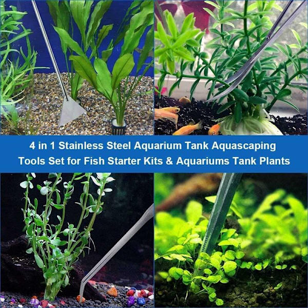 Akvarium Tank Verktygssatser, 4 i 1 Akvarium Rengöringsverktyg, Rostfritt Stål Sax Spatel, Akvarium Växtklippare Set för Vattenväxter, Fisktank Tw