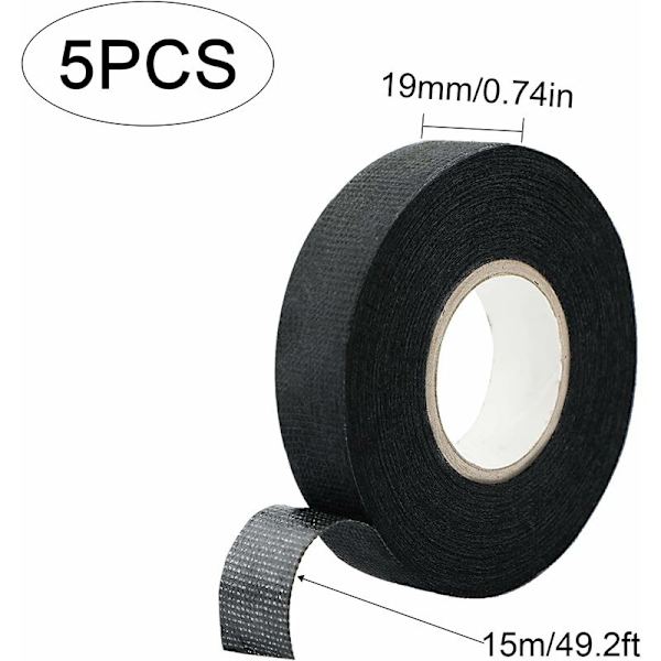Rolls Fabric Tape, Varmeisolerende Tape til Indpakning, Bilkabler, Varmebestandig, Lydabsorberende (Sort)