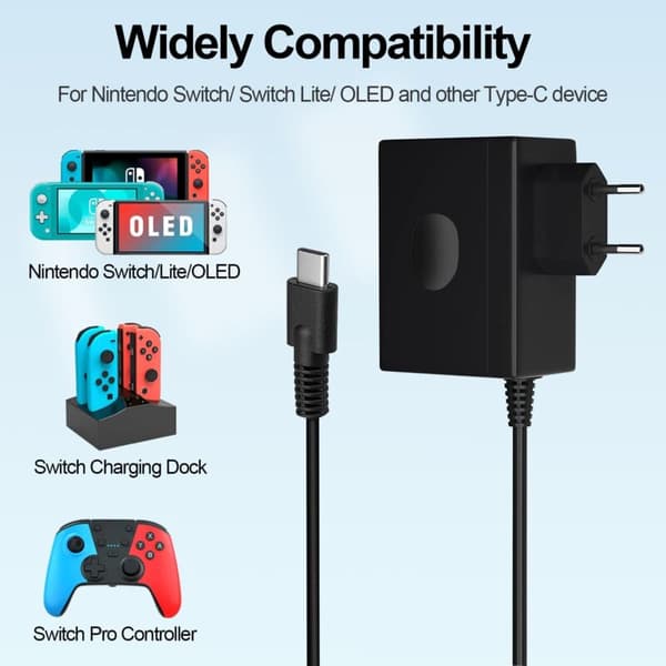 Bærbar biltilbehør, bryterlader for Nintendo Switch/Switch OLED/Switch Lite, 15V 2.6a strømadapter hurtiglading