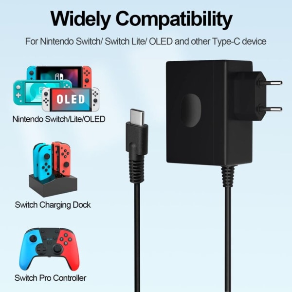 Bærbar biltilbehør, Switch-oplader til Nintendo Switch/Switch OLED/Switch Lite, 15V 2.6a strømadapter til hurtigopladning