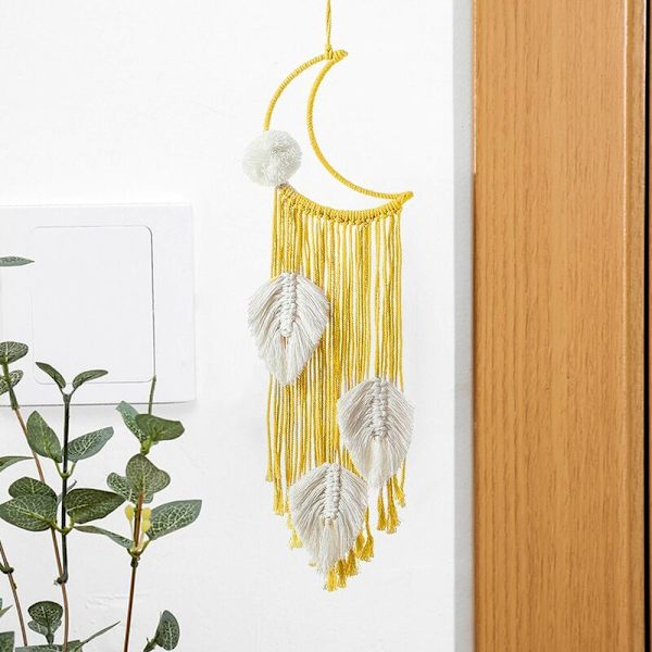 2 kpl Keltainen Boho Käsintehty Makramee Seinävaate Kuu Unelmien Saastaja Kudotut Lehdet Tapetti Koriste Käsityö Sisustus