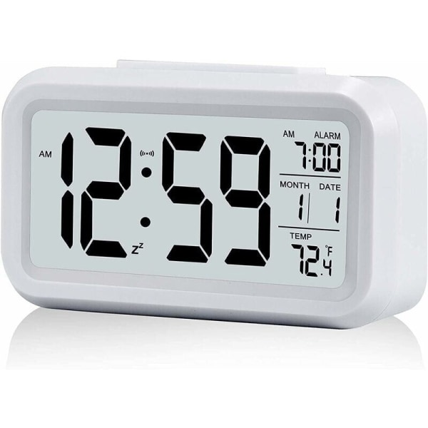 Digital väckarklocka morgonväckning, digital klocka batteridriven tyst väckarklocka för barn vuxna stor LED-display temperaturkalender (vit)