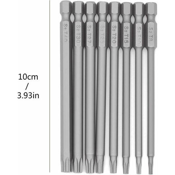 8 kpl pitkä Torx-kärkisarja - 1/4\" magneettinen tähtipää 100 mm pitkä kuusiovarren Torx-voimatyökalusarja (8 kpl 100 mm)