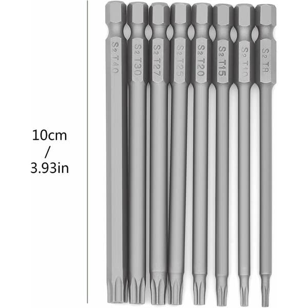 8 stk Lang Torx Bit Sett - 1/4\" Magnetisk Stjernehode 100mm Lang Hex Skaft Torx Power Tool Sett (8 stk 100mm)