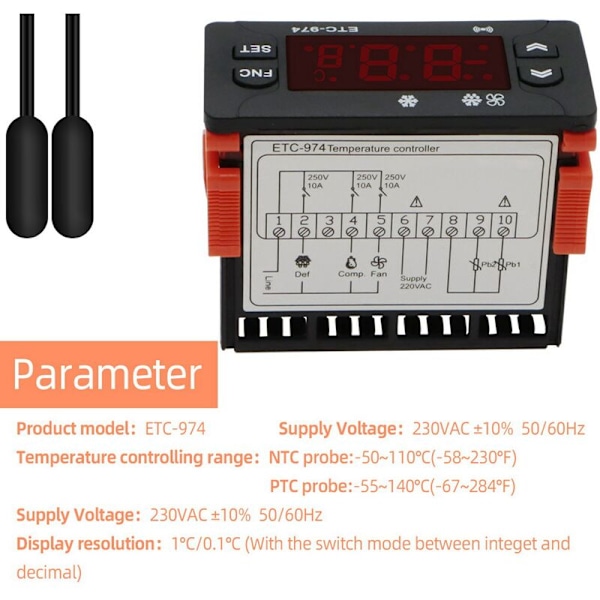 2X ETC-974 Digital Temperaturregulator Mikrocomputer Termostater Termostat 220V Kølealarm NTC Sensor