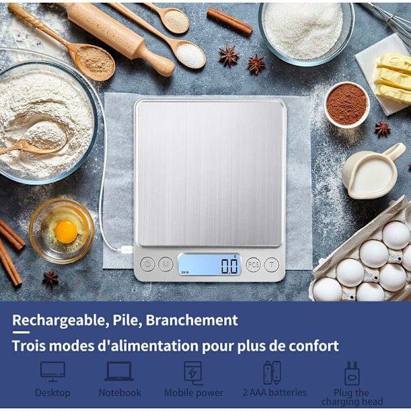 Digital kjøkkenvekt USB oppladbar 3kg/0.1g Digital bakevekt, presis elektronisk vekt rustfritt stål veiebord brett, Tare-Ens