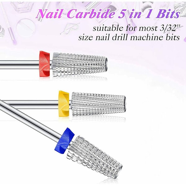 3 st Tungsten Carbide 5 i 1 Multifunktionell Nagelborr Bits Konisk Inställning Karbid Nagelborr Bits Användning för Vänster Händer