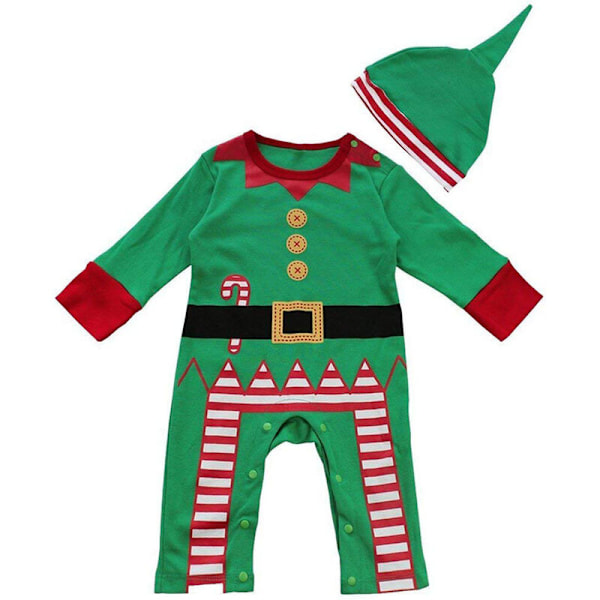 Pojk flickor jumpsuit romper juldräkt kläder set med hatt grön 100 cm