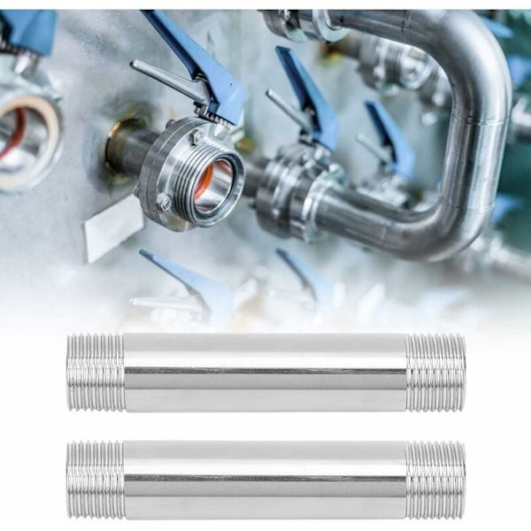 2 stk rustfritt stål rørfittings like diameter gjengede støpejern rørnippel kobling rørledninger rørleggerarmaturer, 100mm (G1/2 hann gjenge)