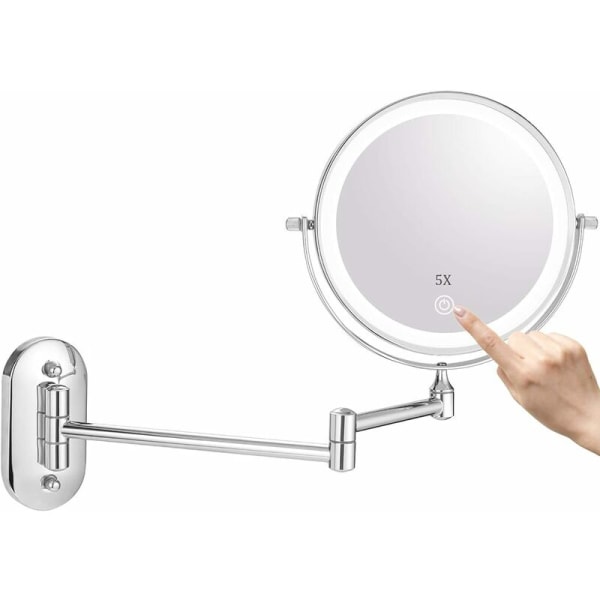 LED-belyst väggmonterad kosmetisk spegel med 1x/5x förstoring, dimbar med pekknapp, justerbart ljus, 360° roterbar och vertikal