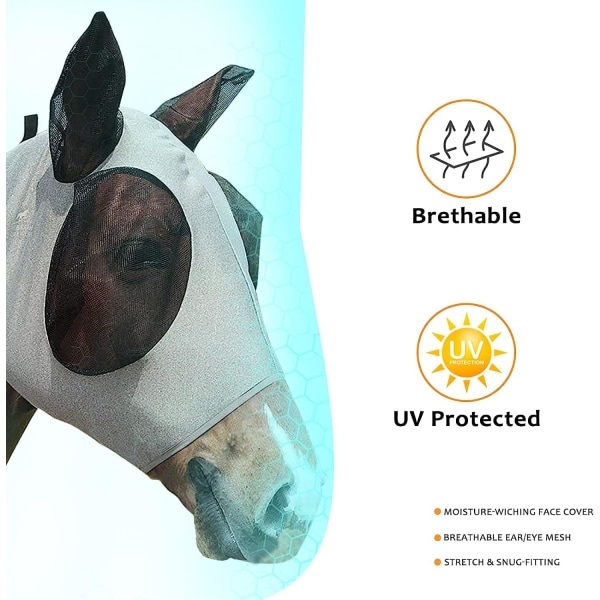 Hestemaske Fluemaske med ører til beskyttelse mod UV og flue, behagelig og strækbar Velegnet til de fleste store heste