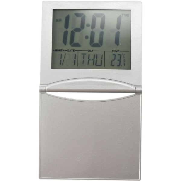 Mini resealarmklocka, hopfällbar digital LCD-skärm skrivbordsklockor med snooze-bakgrundsbelysning temperatur datum timer 12/24 timmar