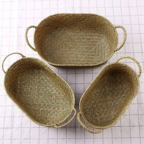 Handvävd förvaringskorg Halmbehållare för mat Rotting Makeup Organizer Träställ (S, 24X15X9Cm)