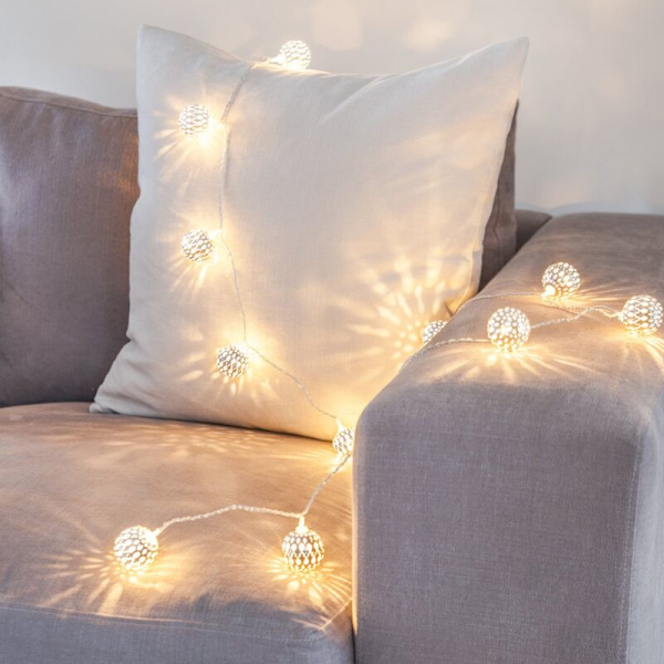 Marockansk ljusslinga, LED-ljusslinga, juldekoration, inomhusljusslinga, varmvit LED 3m20 (silverkula, batteridriven)
