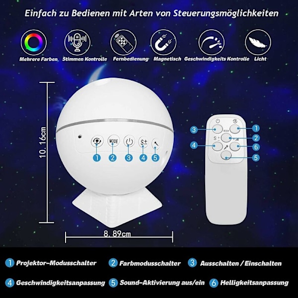 LED Stjernehimmel Projektorlampe Natlys Galaxy Projektor med Fjernbetjening og Lydsensor, 360° Rotation, Nattehimmel Lys Projektor, Ocean Wav