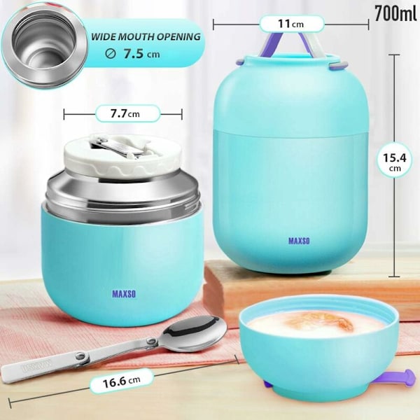 Isolerade matbehållare, Bärbar 700 ml läcksäker termos med vikbar sked i rostfritt stål, Matbehållare för skola kontor camping Blå-Fei Yu