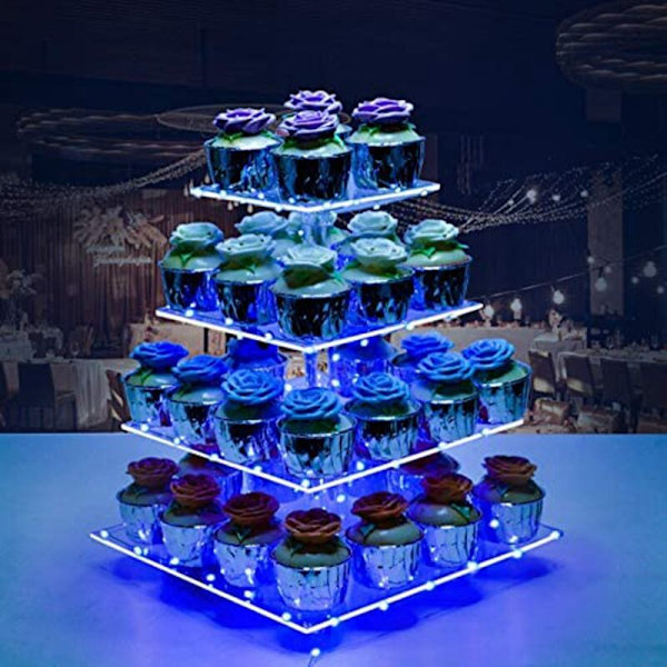 4-vånings Akryl Cupcakesställ Dessert Serveringstorn med LED-belysning för Bröllop (Blått Ljus)