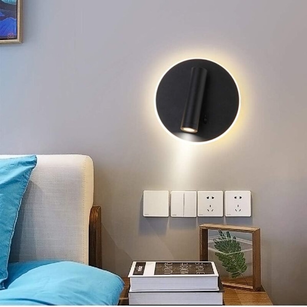 Sänglampor LED Vägglampa Inomhus Hotell Säng Vägglampor Korridor Vägglampa med Strömbrytare Svart 9W 3000K Varm Ljus (Rund)
