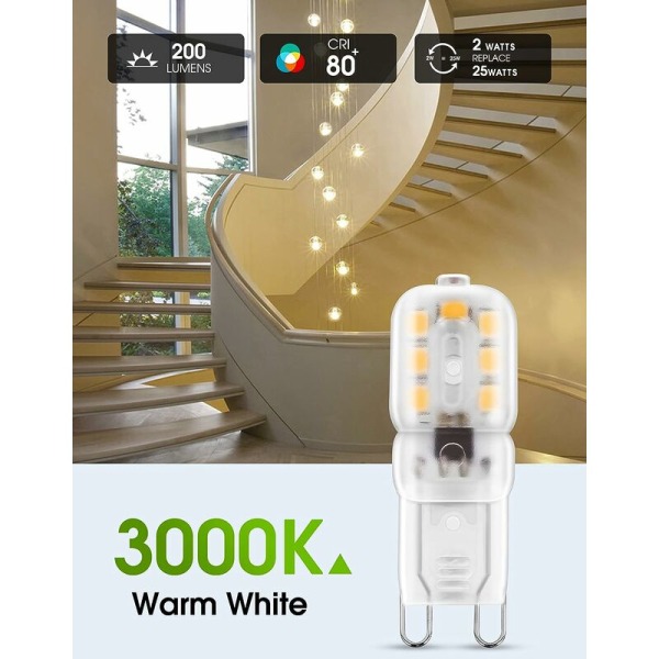 2W G9 Lämmin valkoinen 3000K, LED-lamppu, 25W halogeenilamppu vastaava, 230V AC 180lm, 360° leveät säteet, G9-kanta 10 kpl [Energiatehokkuusluokka A+]