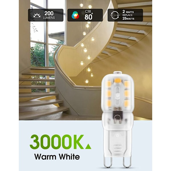2W G9 Varm Hvid 3000K, LED Pære, 25W Halogen Pære Equivalent, 230V AC 180lm, 360° Brede Stråler, G9 Sockel Pakke med 10 [Energiklasse A+]