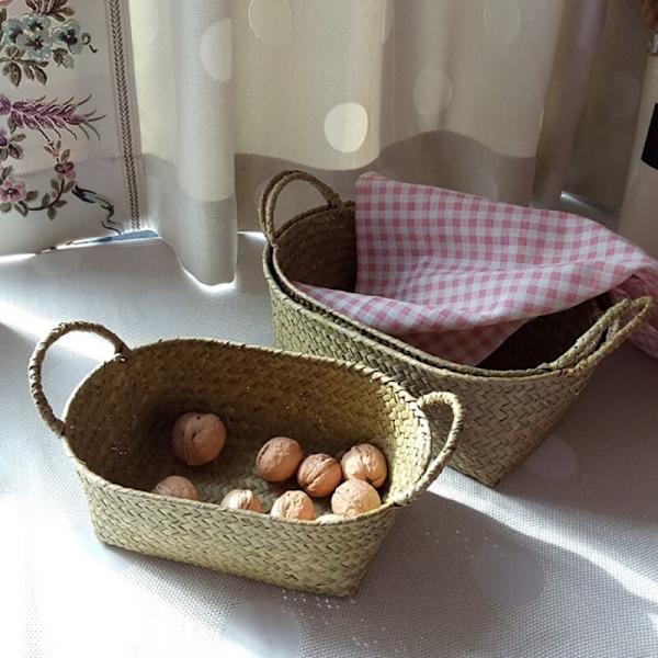 Käsinkudottu säilytyskori Olki Ruokasäiliö Rattan Meikkikorin Puuteline (S, 24X15X9Cm)