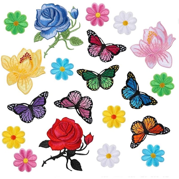 20 st Butterfly Blommor Stryk på Lappar Sy Broderi Applikationer för DIY Konst Hantverk Dekoration, Jeans, Jackor