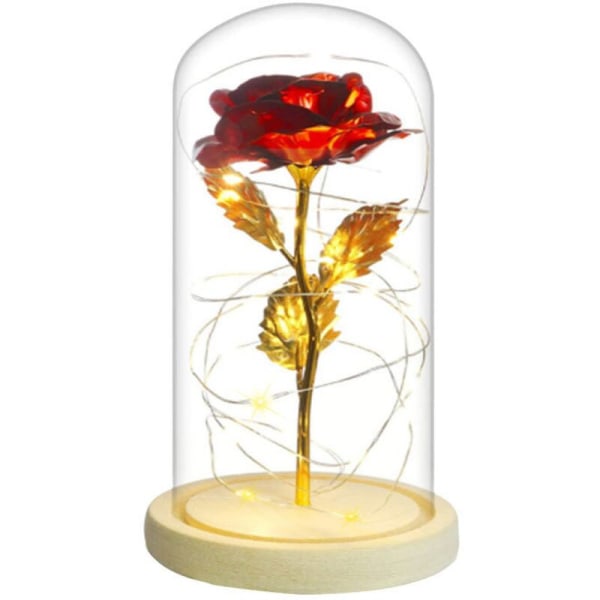 Eternal Rose Under Bell, Beauty and the Beast Glassrose med LED-lys Furubase til morsdag Valentinsdag Bursdag Bryllup Hjemdekorasjon