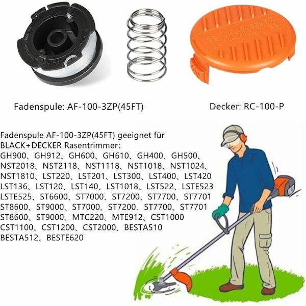 8 Pakkaus Narutrimmerin Lanka Kelan Yhteensopiva Black & Decker Narutrimmerin kanssa, Harjanleikkurin Lanka Kela (6 Narutrimmerin Lankaa, 2 Kantta, 2 Jousta)