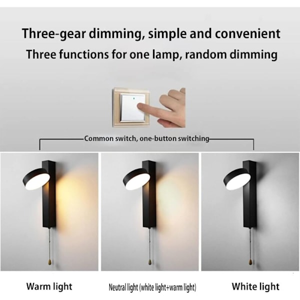 Moderne Vegglamper Innendørs 3 Fargetemperatur LED Vegglampe 7W Innendørs Vegglampe 180° Rotasjon Vegglamper (Rund Svart)