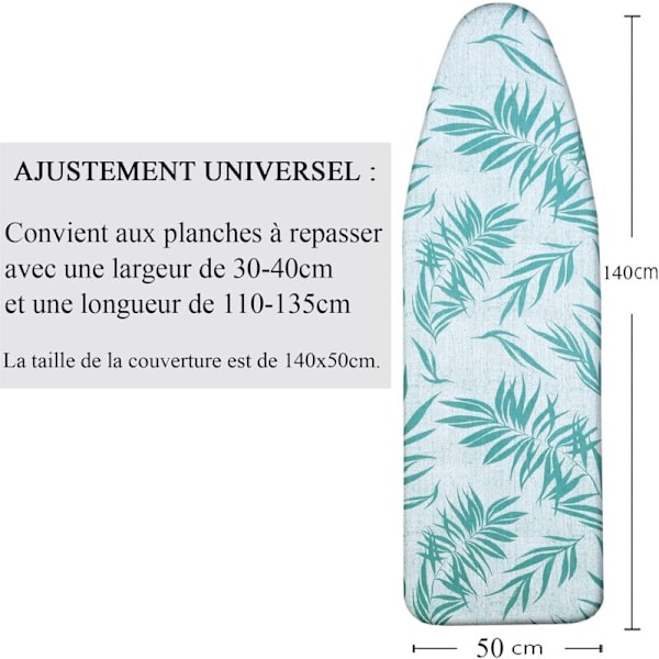 Strykjärnsbrädeöverdrag 140x50cm, Strykjärnsbrädeöverdrag med 100% bomullsöverdel och tjock stoppning, Lätt att sätta på plats och brännsäkert (L, Gröna blad