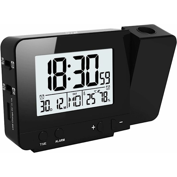 Projektionsklocka, Elektronisk Väggprojektionsväckarklocka med Dubbel Alarm, 12/24 Timmar, Datum, Skärmfuktighet Inomhustemperatur (Svart)-Fei Yu