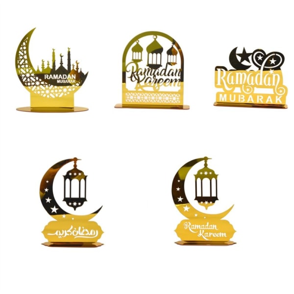 Ramadan Kareem Akryl Ornamenter Guld Måne Stjerne Lanterne Eid Mubarak Dekorationer C